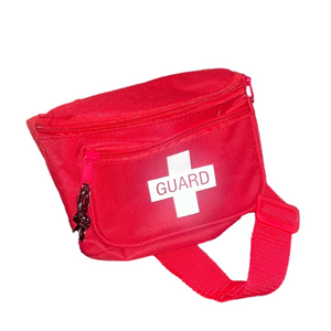 red and white life guard zipper close two pouch fanny pack